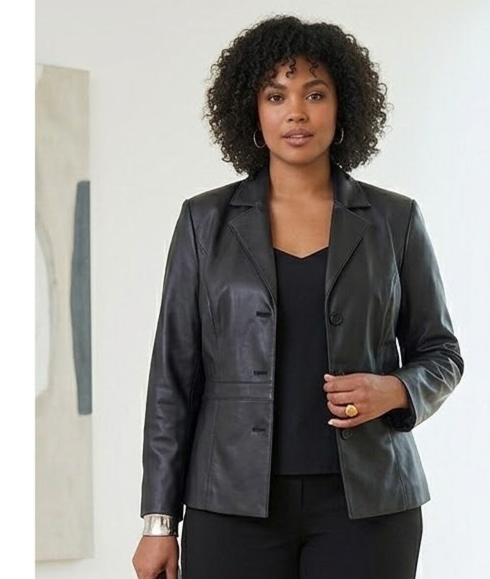 KC Collections Front 3 Button Black Leather Jacket Long Sleeves Black Large
